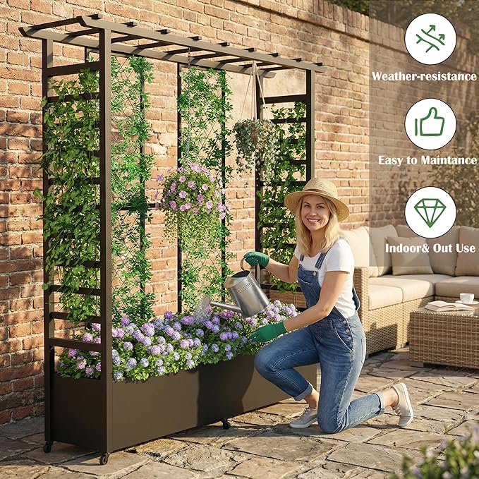 74 Mobile Planter with TrellisWeatherproof Vertical Raise Garden Bed with Trellis &amp Hanging Roof for Climbing PlantsFlowersVegetablesRust-Proof Metal Privacy Planter for Patio (Black-B)