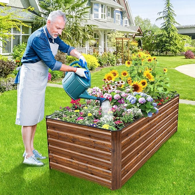 TEANDE 6x3x2FT Raised Garden Bed Kit Galvanized Planter Raised Garden Boxes Outdoor w/Anti Cutting Strip &amp A Pair of Gloves Deep Root Raised Planter for Vegetables Fruits Flowers and Herbs Br
