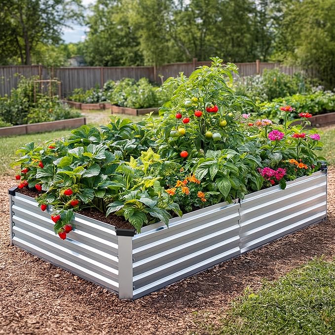 2 Pack 6x3x1FT Galvanized Metal Raised Garden Bed Kit for Vegetables Herbs Open-Bottom Large Capacity Outdoor Planter Box Gardening Stakes Silver