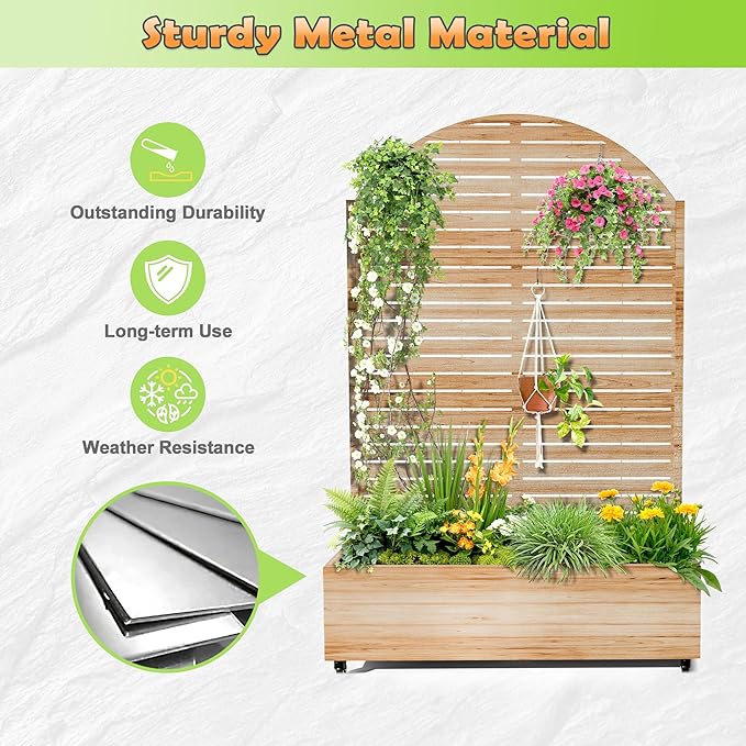 Metal Raised Garden Bed with Trellis 2-in-1 Planter Box &amp Privacy Screen for Climbing Plants Outdoor Standing Flower Bed with Drainage Holes 47.2 L x 16.7 W x 70.8 H Acacia Wood Grain-Louve