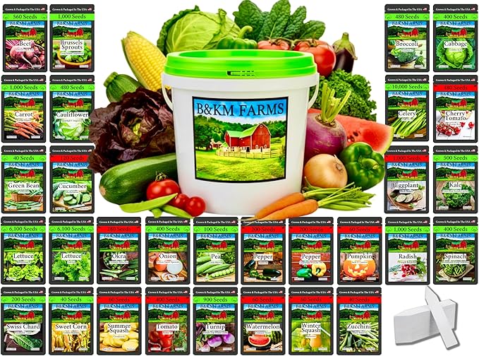 B&ampKM Farms 20000+ Survival Seed Kit 5+ Year Supply. 30 Fruit &amp Vegetable Non-GMO Heirloom Seeds for Planting a Home Garden. Secure Emergency Weather-Proof Bucket