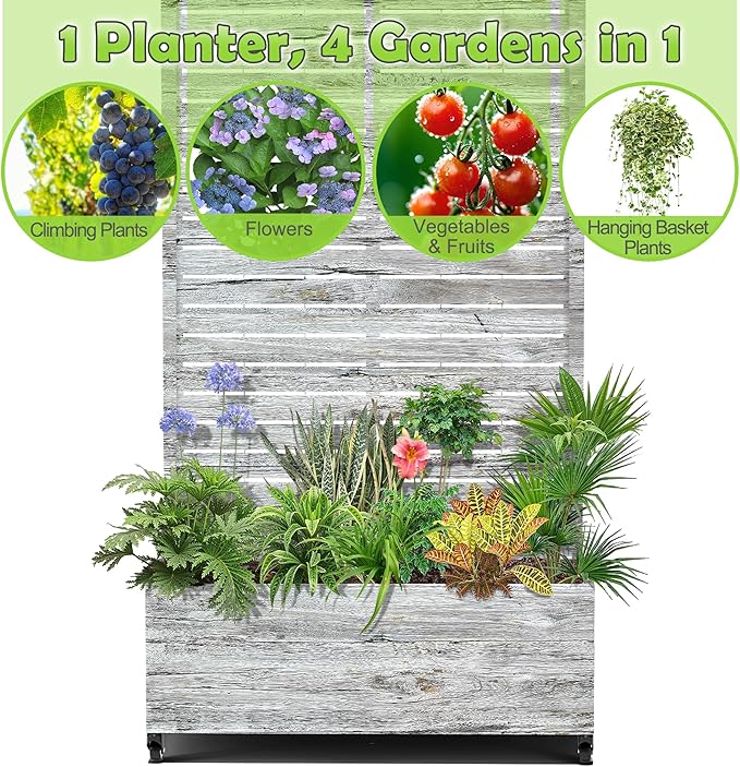 15.7×70.9×35.4 Metal Raised Garden Bed with Trellis and Wheels - Tall Trellis Planter Box for Climbing Plants Vegetables &amp Vines - Outdoor Privacy Planters for Patio (White Oak Grain)