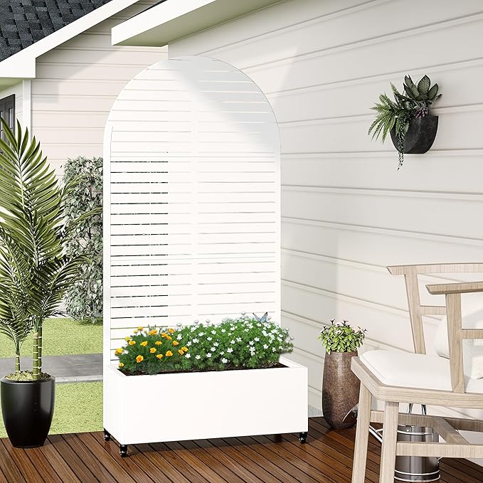 Casaphoria Metal Raised Garden Bed with Trellis and Wheels 72x35x16 Arched Planter Box for Climbing Plants Vegetables &amp Vines Features Drainage Holes and Privacy Screen (White-Louvered)