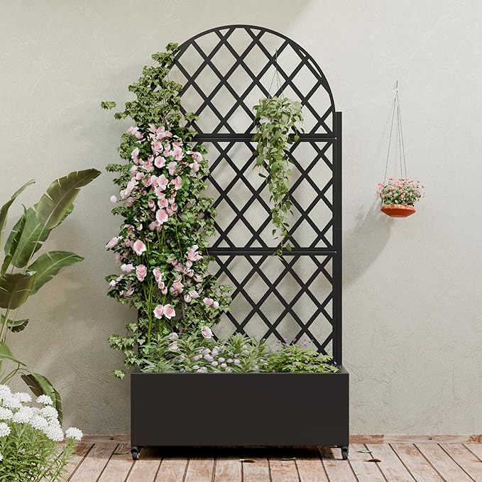 Casaphoria Metal Raised Garden Bed with Trellis and Wheels 72x35x16 Planter Box for Climbing Plants Vegetables &amp Vines Features Drainage Holes and Privacy Screen (Black-Rhombus)