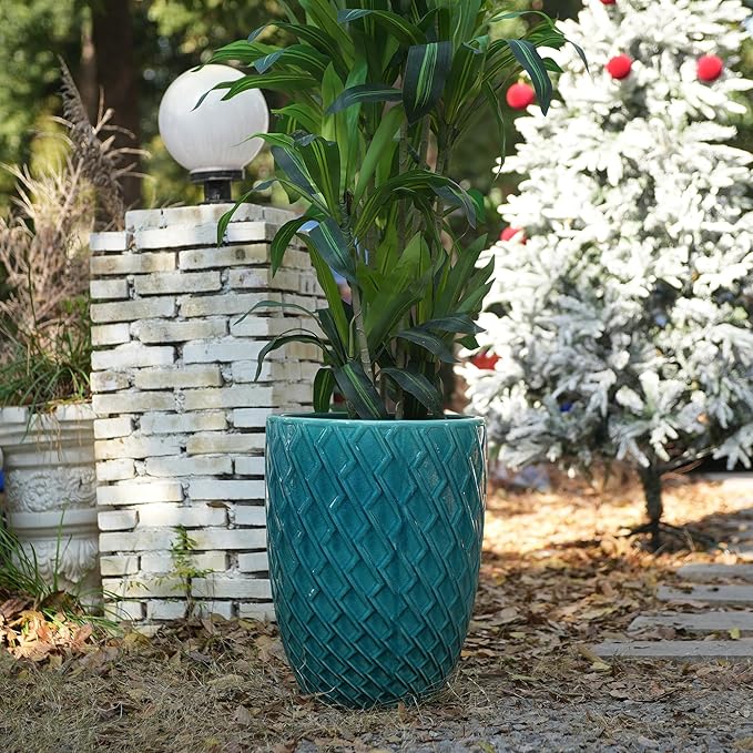 Handmade Teal Cyan Ceramic Flower Pot 16.54 W x 21.26 H Large Planter for Indoor Outdoor Potted Plants Flowers by Front Door Breathable Clay with Drainage