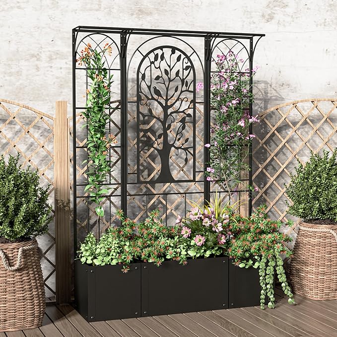 Metal Planter Box with Trellis Raised Garden Bed with Trellis Privacy Screen 62 inch Tall Planter Boxes for Climbing Plants Flowers Vegetables Fruits Balcony and Patio Decor (Black)