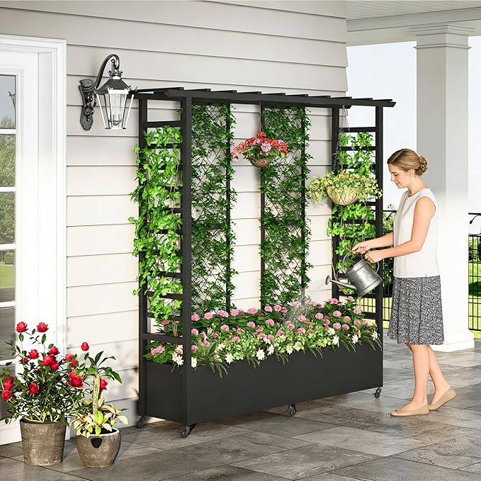 Raised Garden Bed with Trellis &amp Hanging Roof Weatherproof Metal Planter Box with Wheels Garden Arch Trellis for Outdoor Climbing Plants Vines Flowers 74 H x 77 L x 17 W Black