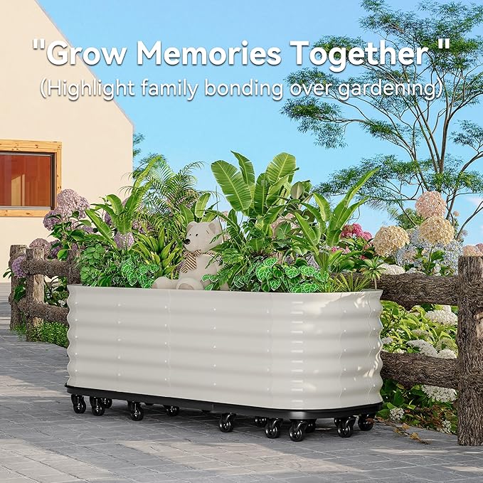 Mobile Large Raised Garden Bed with Water Reservoirs – Rustproof Galvanized Planter Cart with Wave Panels &amp Lock Wheel for Patio/Indoor Herbs(White)
