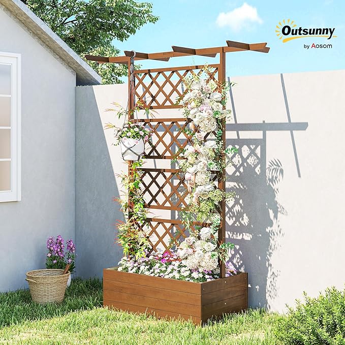 Outsunny Wood Planter Box with Trellis Raised Garden Bed Privacy Screen Planter Box for Climbing Plants Vines Vegetables Flowers 63 x 21.75 x 72
