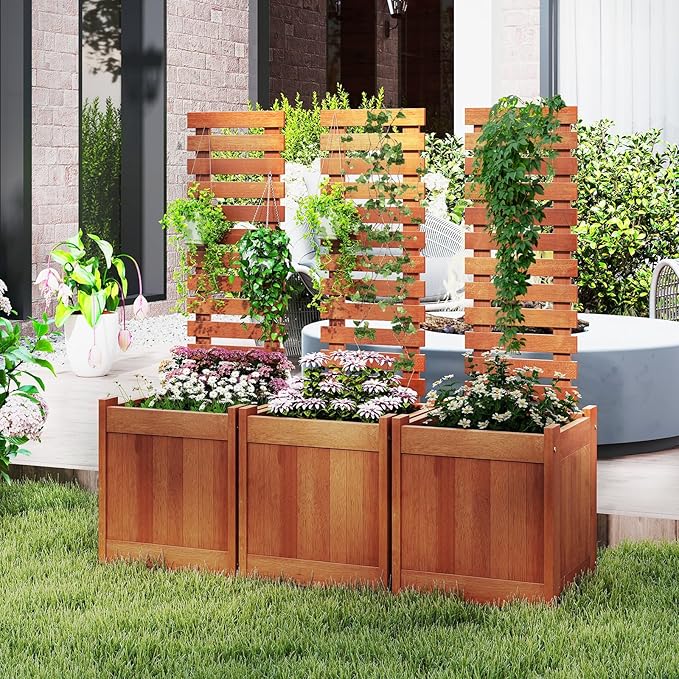 HAPPYGRILL Raised Garden Bed with Trellis Outdoor Elevated Planter Box w/Trellis Open-Ended for Climbing Plant Vine Flower Vegetable Freestanding Privacy Planters for Patio Yard 16x16x48 (2)