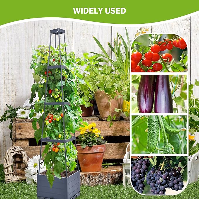 GENMOUS Raised Garden Bed with Tomato Planter Box Trellis 56'' Tomato Cages for Garden Tomato Planter Cage for Patio for Climbing Plants Vegetable Vine Flowers Outdoor &amp Indoor 2 Pack