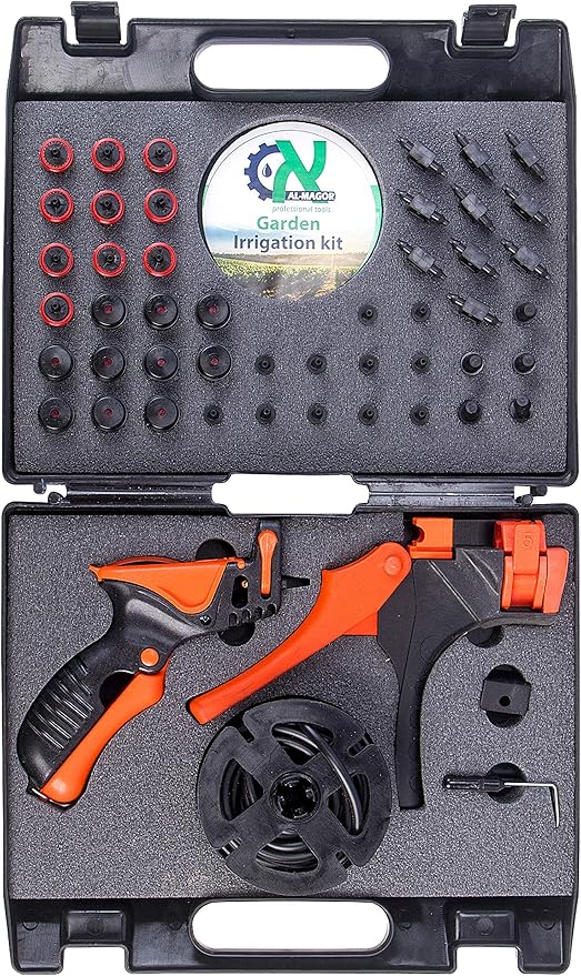 Al-Magor Garden Irrigation Kit: Complete Set for Installing Inserting Sprinklers Drippers in PE Tube Pipes with Tools Plugs Connectors and Case