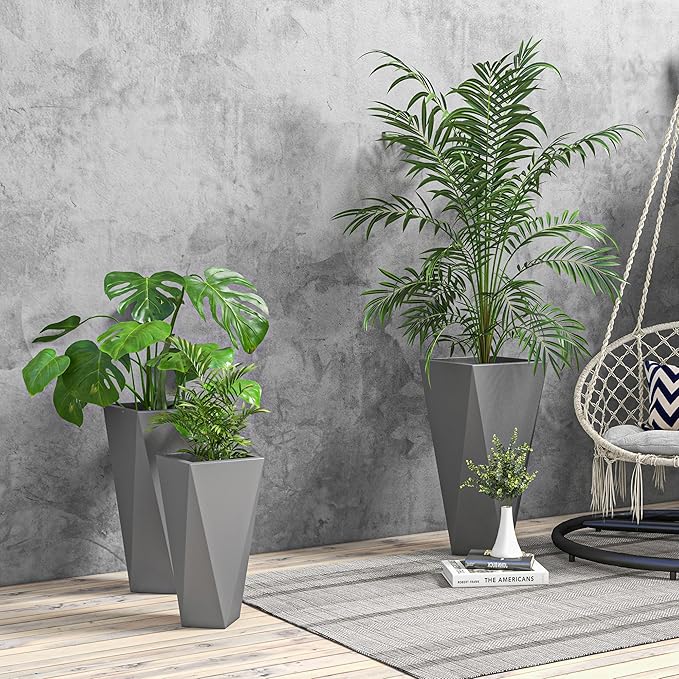 Set of 3 Tall 28.75 24.5 20.5 Indoor Outdoor with Drainage Holes Stackable Flower Pots for Garden Patio Balcony Front Door Gray