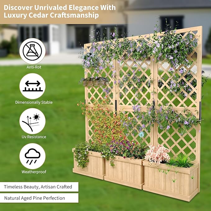 Cedar Wood Garden Bed Privacy Screen &amp Planter Box - 62 W x 10 D x 65 H Freestanding Outdoor Fence Panel 3 Hinged Screens with Drainage Raised Bed Kit for Yard Patio Deck