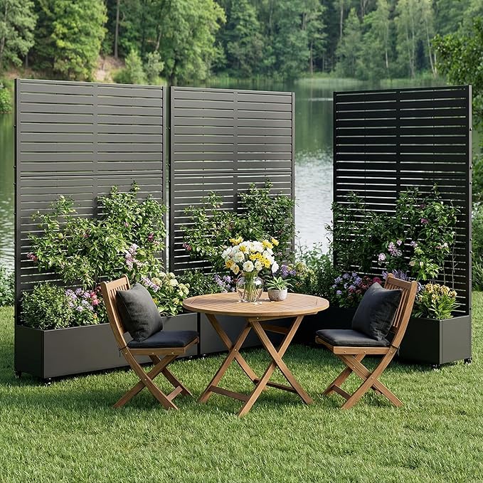 Casaphoria Metal Raised Garden Bed with Trellis and Wheels 72x47x16 Planter Box for Climbing Plants Vegetables &amp Vines Features Drainage Holes and Privacy Screen (Black-Louvered)