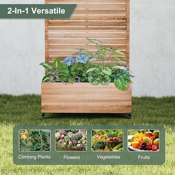 Metal Planter Box with Trellis for Patio Outdoor Raised Garden Beds with Privacy Screen Wheels Drainage Holes (35 L Brown Oak Grain)