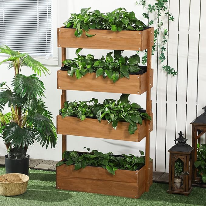 4Tier Vertical Premium Heavy Duty Eco-Friendly Wooden Raised Garden Bed Self-Draining Protective Liner Indoor Outdoor Orange
