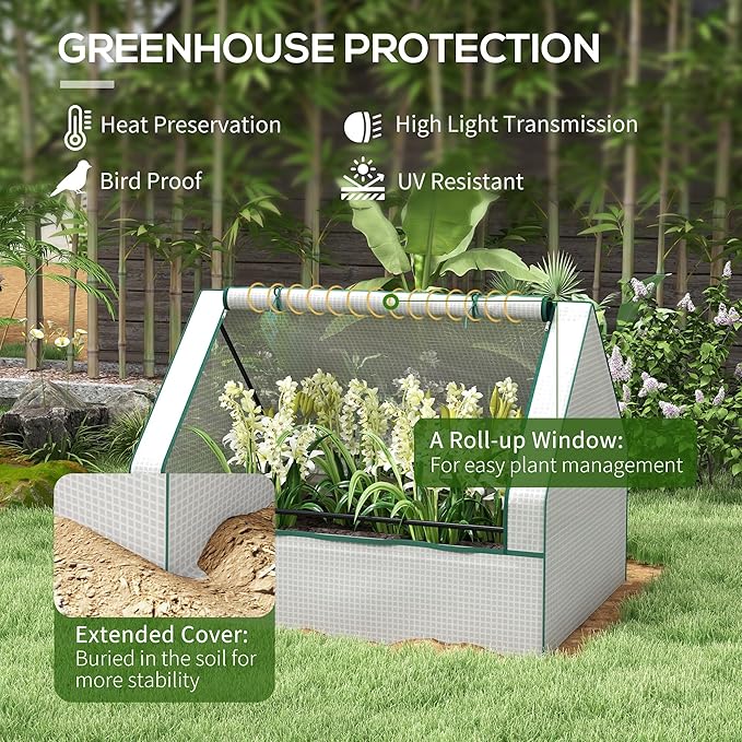 Outsunny 4 x 3 x 1ft Raised Garden Bed with Mini Greenhouse Galvanized Outdoor Planter Box with Cover for Herbs and Vegetables Use for Patio Garden Balcony White Cover and Brown Planter