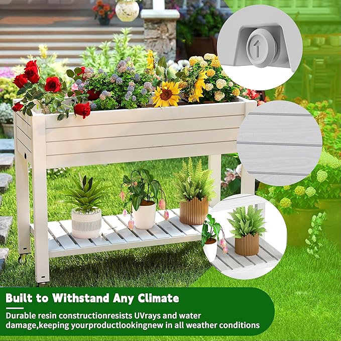21 Gallon Raised Garden Bed with Legs and Wheels Self-Watering Raised Planter Box with Drainage Plug and Gauge Lower Shelf for Tools and Accessories Dust-Proof Resin for Patio and Backyard