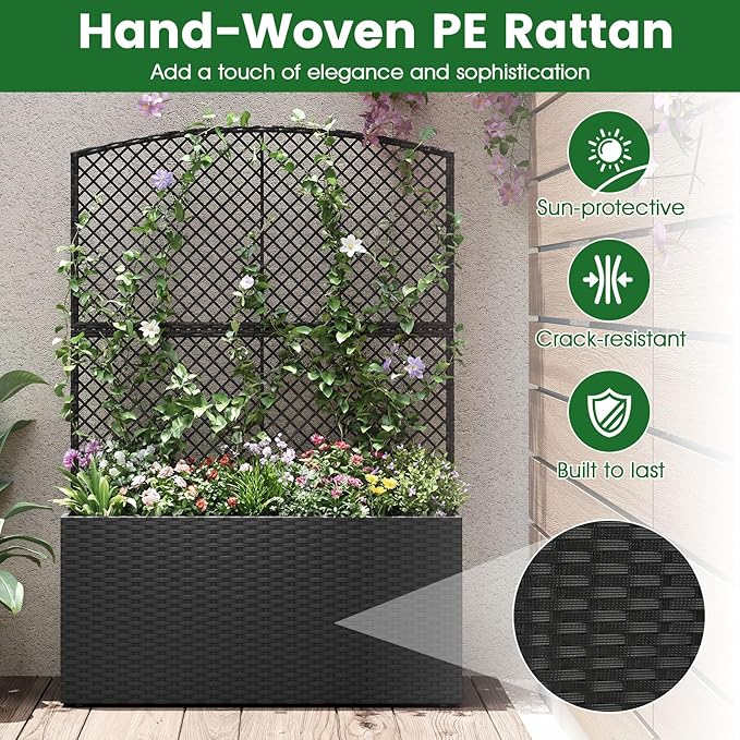 BECOMFORT 58”H Raised Garden Bed with Trellis Tall Wicker Planter Box with Privacy Screen Liner &amp Drainage for Balcony Yard PE Rattan Outdoor Flower Box for Climbing Plants Vegetables &amp Fl