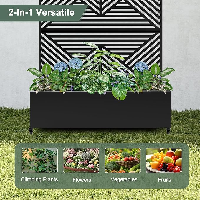 Standing Metal Planter Box with Trellis and Wheels for Climbing Plants Raised Garden Beds with Drainage Holes 47 L×16 W×71 H Privacy Boxes with Trellis (Black Zodiac)