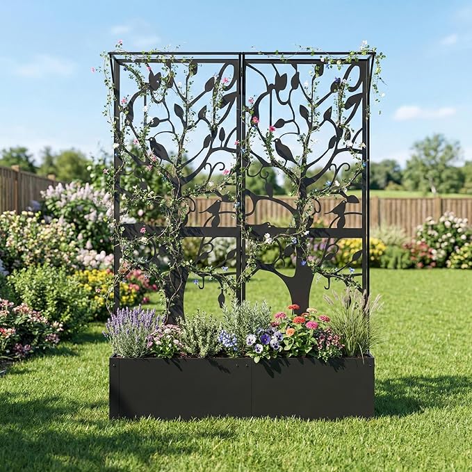 Metal Planter Box with Trellis Outdoor Privacy Planters for Patio Tall Raised Garden Bed for Climbing Plants Vegetables Fruits Balcony Outside 62.4 x 12.2 x 44.6 Inch Black