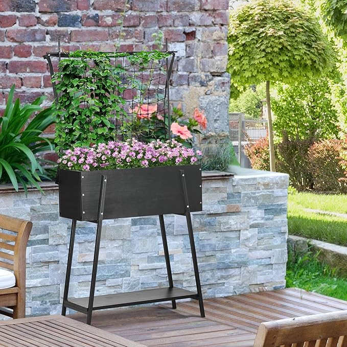 Raised Garden Bed with Trellis Storage Shelf Elevated Planter Box with Metal Legs Bed Liner and Drainage Holes for Vegetable Vines Climbing Plants Flowers Black