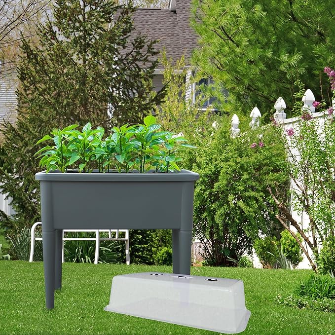 FENCETECH 20.8 Gallon Self Watering Raised Garden Bed with Greenhouse Cover 30 x 25.6 x 15 Plastic Plant Box with Legs and Drainage Plug Grey