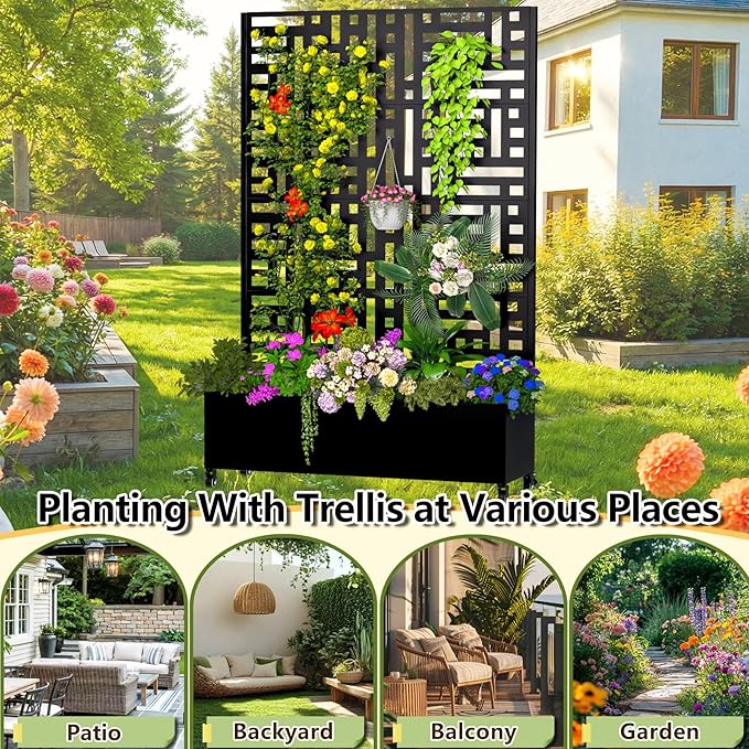Metal Planter Box with Trellis 72.1x47.2x16 Outdoor Galvanized Raised Garden Bed with Privacy Screen &amp Drainage Holes &amp Lockable Casters for Climbing Plants Vegetable (Street-Black1)