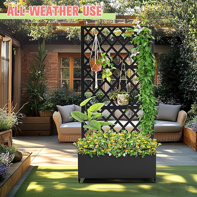 Metal Planter Box with Trellis Raised Garder Bed with Drainage Hole Privacy Screen &amp Trellis for Climbing Plants Outdoor Plant Stands 35''L×17''W×73''H Black