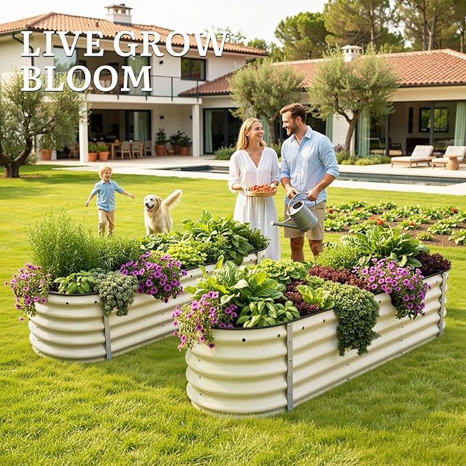 YITAHOME 17 Tall 6 in 1 Large Raised Garden Bed Kit 6.5x2x1.4ft Galvanized Metal Planter Box with Gloves &amp Safety Rubber Outdoor Above Ground Planters for Plants Vegetables Flowers Cream Yello