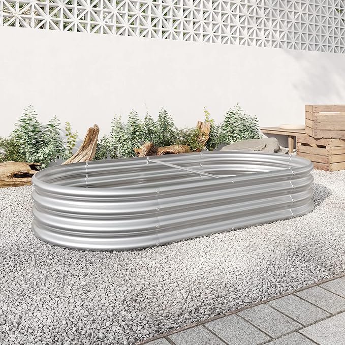 Raised Garden Bed Outdoor Oval Large Metal Raised Planter Bed for for Plants Vegetables and Flowers - Silver
