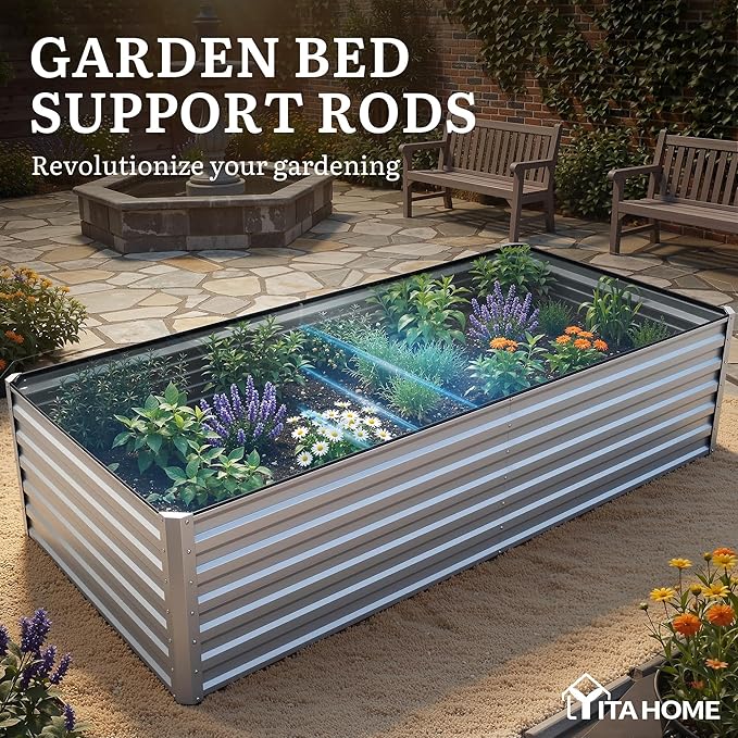YITAHOME 8x4x2ft 2pcs Large Raised Garden Bed Kit Galvanized Metal Planter Box with Gloves Ground Nails &amp Safety Rubber Outdoor Above Ground Planters for Plants Vegetables Flowers Silver