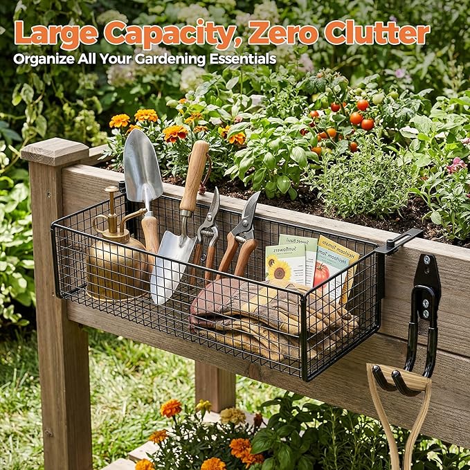 Metal Raised Garden Bed Hanging Storage Basket Includes Hooks 15.6 x 5.8 x 3.8in Flower Bed Clip-On Hanging Organizer Basket for Raised Garden Beds Kit for Gardening Tools &amp Supplies