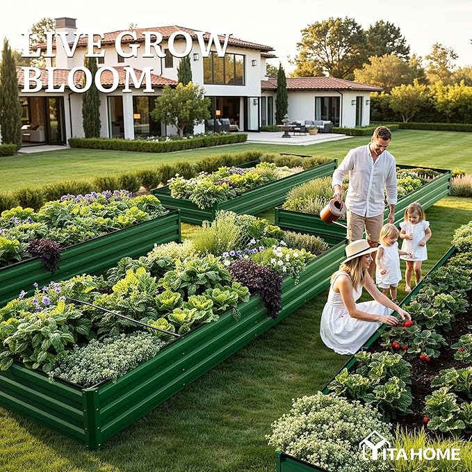 YITAHOME 4pcs 12x4x1 ft Galvanized Raised Garden Bed Kit Large Metal Planter Box with Gloves Safety Rubber &amp Support Rod Outdoor Flower Bed for Plants Vegetables Green