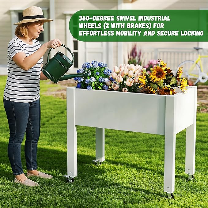 14 Gallon Raised Garden Bed with Wheels and Legs for Mobility Self-Watering Raised Planter Box with Drainage Plug and Gauge Durable Dust-Proof Resin for Garden Patio Balcony and Backyard