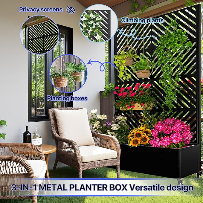 Metal Planter Box with Trellis72x47x16Galvanized Steel Outdoor Raised Garden Bed with Privacy Screenwith Drainage Holes &amp Lockable Casters for Climbing PlantsVegetablesand Vines(-JT)