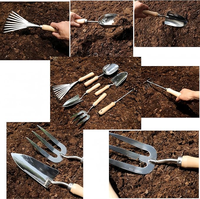 9 PCS Heavy-Duty Stainless Steel Garden Tools Set with Wood HandleGardening Set with Nylon BagPointed Shovel Graduated ShovelSoil Scoop3 Teeth Digging Fork5 Teeth rakeLeaf HarrowGarden Gloves