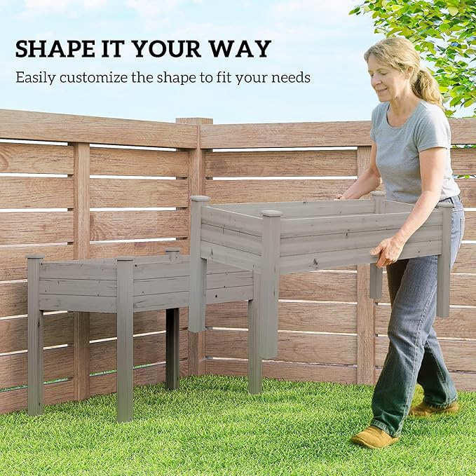 Outsunny 2 Tier Raised Garden Bed Elevated Wooden 2 Box Planter Gardening Grow Stand Planting Bed for Flowers Vegetables Herb Gray