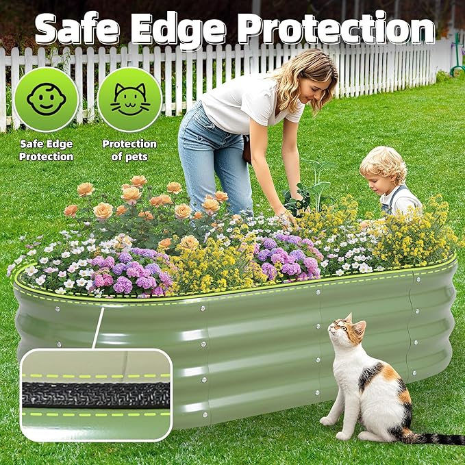 G GOOD GAIN Galvanized Metal Raised Garden Bed Kit - 4x2x1FT Outdoor Planter Box with Safety Edging and Gloves for Vegetables Fruits Flowers(OliveGreen 2PC)