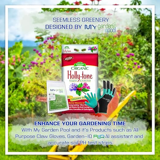 Espoma HT18 Organic Holly-Tone 4-3-4 18 lb. Bag Evergreen &amp Azalea Plant Food with My Garden Pool PH Soil Test Strips 20 ct and Gardening Claw Gloves and Garden-IQ Smart Gardening AI Assistant