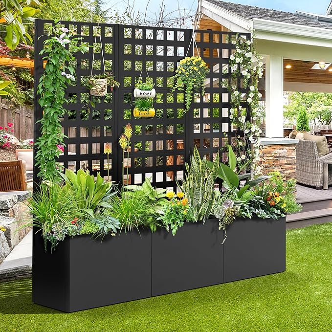 FENCY Metal Planter Box with Trellis Planter Trellis for Climbing Plants Vegetable Vines Trellis with Planter Box &amp Privacy Screen Raised Garden Bed with Drainage Holes (23.6 L x 63 H/Lattice