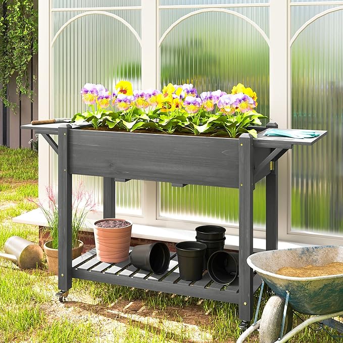 Wood Garden Bed Raised with Heavy-Duty Lockable Wheels Sturdy Side Tables Adjustable Bottom Shelf Professional Drainage Holes and Natural Gray Finish