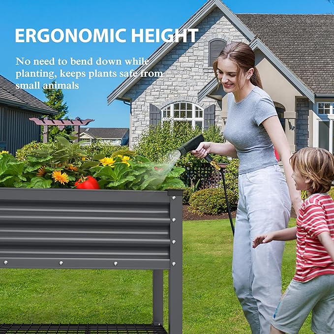 BlueWish 48 W x 24 D x 34 H Outdoor Galvanized Garden Bed Elevate Raised Bed with Detachable Black Liner Rolling Casters Storage Shelf Planter Boxes for Gardening Vegetable Flower Grey