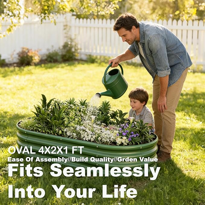 4x2x1ft-2pcs-Oval Raised Garden Bed Kit Galvanized Planter Garden Boxes Outdoor Metal Raised Garden Beds for VegetablesFruits FlowerGreen