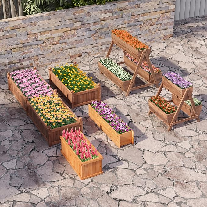 Vertical Raised Garden Bed Tiered Wooden Flower Bed with 3 Planter Boxes and 6 Drainage Holes for Vegetable Flower Fruit Indoor Outdoor Planter for Garden Yard Balcony (44”x36”x35”)