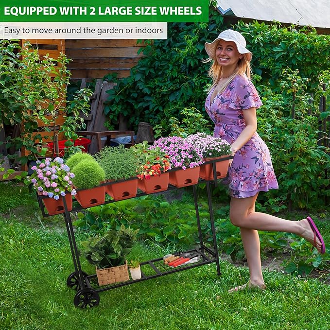 Vrisa Elevated Raised Garden Bed Outdoor with Legs 43x17x29 in Plastic Standing Planter Box with Storage Shelf and Wheels Vegetables Herbs Flowers Gardening Boxes for Backyard Patio Balcony Black