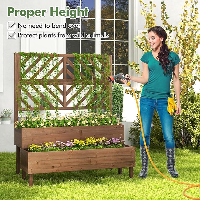 Raised Garden Bed with Trellis &amp 2 Planter Boxes 2-Tier Outdoor Wooden Elevated Planter Box with Legs &amp Drainage Holes Gardening Planters for Flowers Herbs Vegetables &amp Fruits(Brown)