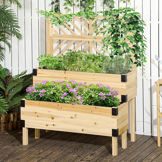Raised Garden Bed with Trellis 2 Tier Wooden Elevated Planter Box with Legs and Metal Corners for Vegetables Flowers Herbs Natural