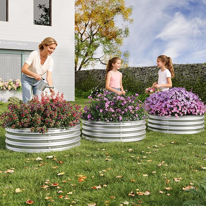 2 PCS 2 x 1ft Round Galvanized Raised Garden Bed Rust Corrosion-Resistant Metal Planter Box with Safe Rubber Edging Easy Assembly Open Bottom for Vegetables Flowers Fruits Herbs Silver